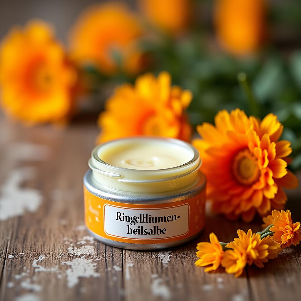 Ringelblumen-Heilsalbe in einem kleinen Tiegel mit Ringelblumenblüten.