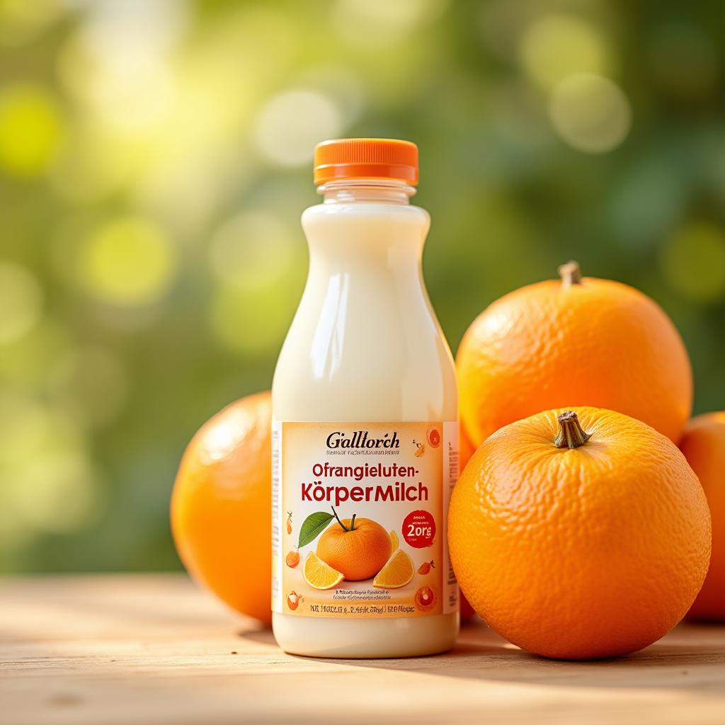 Flasche Orangenblüten-Körpermilch neben einer frischen Orange.