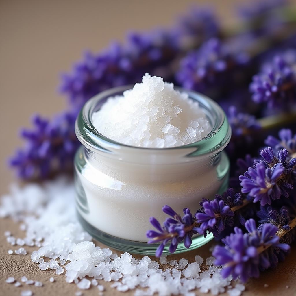 Lavendel-Badesalz in einem Glasbehälter mit getrockneten Lavendelblüten.