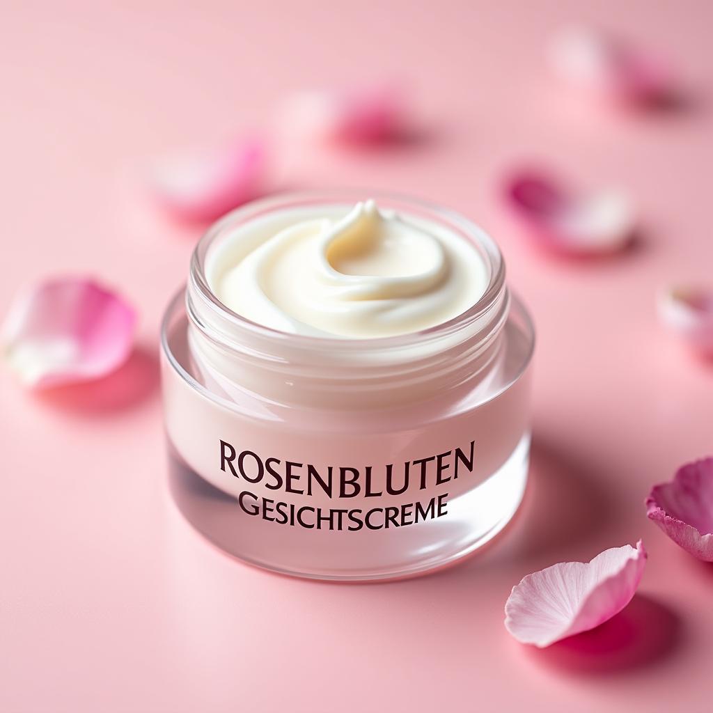 Nahaufnahme der Rosenblüten-Gesichtscreme in einem Glastiegel.
