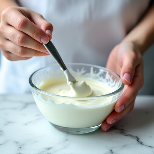 Eine Person mischt sanft eine Creme in einer Glasschüssel.